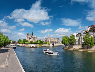 Paris in Spring. Touristic boat on the river passes Ile St Louis
