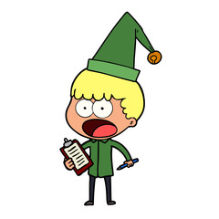 cartoon shocked xmas elf with clipboard and pen