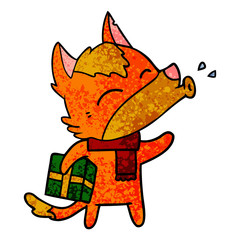 fox cartoon character with present