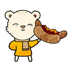 happy cartoon polar bear with hot dog