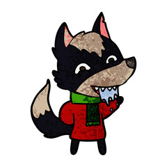 cartoon hungry wolf in winter clothes