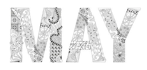 Word MAY for coloring. Vector decorative zentangle object