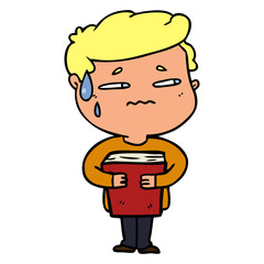 cartoon anxious boy carrying book