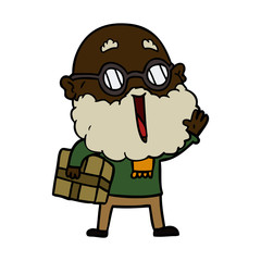 cartoon joyful man with beard and parcel under arm