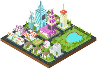 Graphic city building, real esate, house and cityscape architecture with clean wind energy environment and nature in 3D isometric design in isolated background, create by vector