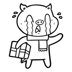 crying pig cartoon delivering christmas present