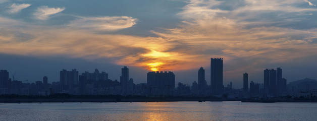 Panorama of Skyline of Hong Kong city under sunset