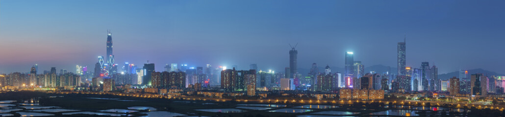 Panorama of Skyline of Shenzhen City, China at dusk