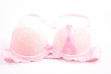 Breast Cancer Awareness, Pink Ribbon and Pink Bra On White Background. Space For Text