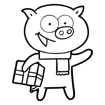 cheerful pig with christmas gift