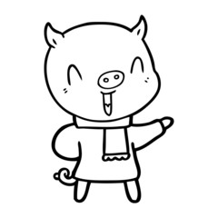 happy cartoon pig in winter clothes