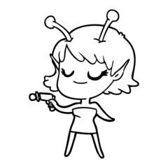 smiling alien girl cartoon pointing ray gun