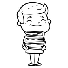 happy cartoon man with stack of books