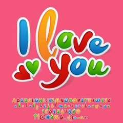 Vector sticker style card I love you. Set of Alphabet letters, Numbers and Punctuation Symbols