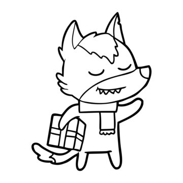 friendly cartoon wolf carrying christmas present