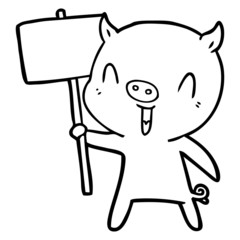 happy cartoon pig with sign post