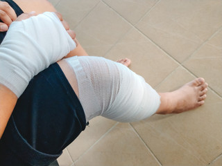 health care background man accident arm and leg with bandage. image for hospital, healthy, danger, person, first aid concept