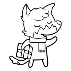 friendly cartoon fox with christmas present
