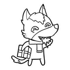 cartoon hungry wolf holding christmas present