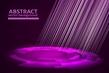 Circle with rays of light on a dark background.  Purple technology abstract background. Vector illustration. Easy to edit design template for your projects.