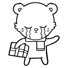 crying cartoon bear with present