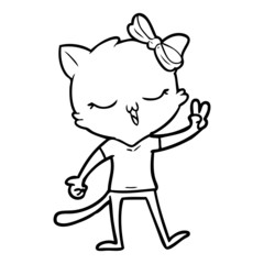 cartoon cat with bow on head giving peace sign
