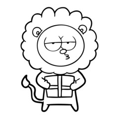 cartoon bored lion with present