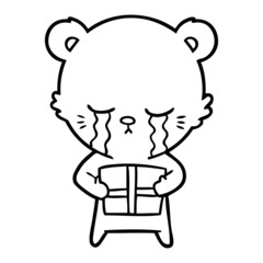 crying cartoon bear with present
