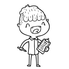 cartoon happy boy with clip board laughing