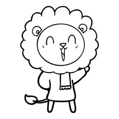 laughing lion cartoon in winter clothes