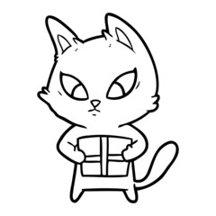 confused cartoon cat with gift