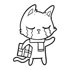 crying cartoon cat holding christmas present