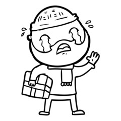 cartoon bearded man crying with christmas present
