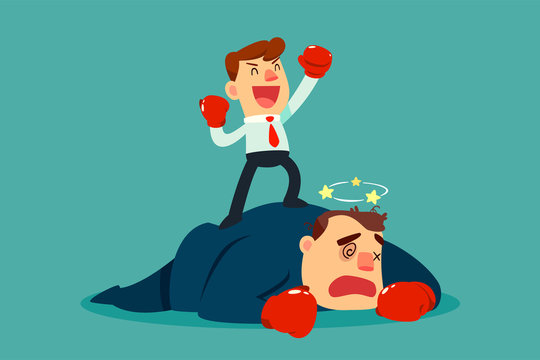 businessman in boxing gloves won the fight against bigger businessman in suit