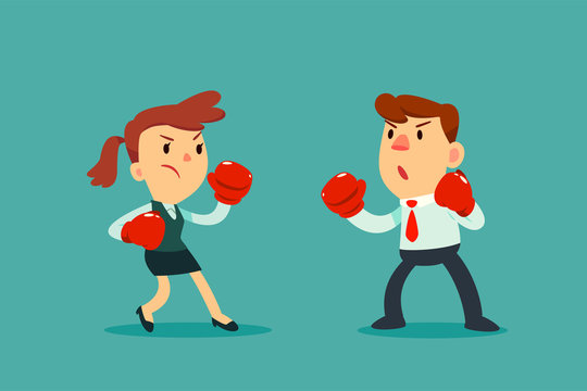 businesswoman in boxing gloves fighting against businessman