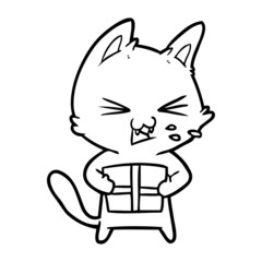 cartoon hissing cat with christmas present