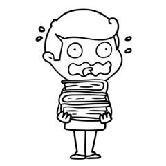 cartoon man with books totally stressed out