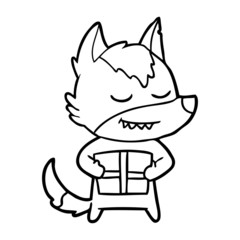 friendly cartoon wolf carrying christmas present