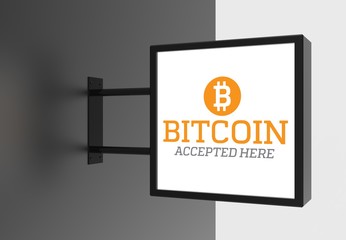 Elegant bitcoin accepted here signboard. 3D illustrating.