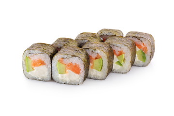 sushi Cheese Maki with salmon, avocado, nori, cheese, on a white background isolated