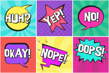 Bright colorful contrast retro comic speech bubbles set with YEP, NOPE, OKAY, HUH, OOPS words. Message balloons with halftone shadow in pop art style for advertisement, comics book design