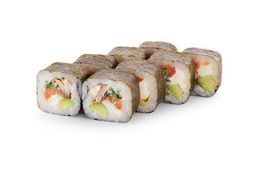 sushi with Salmon, smoked eel, smoked chicken, avocado, nori, cucumber on a white background isolated