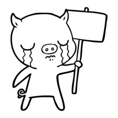 cartoon crying pig with sign post