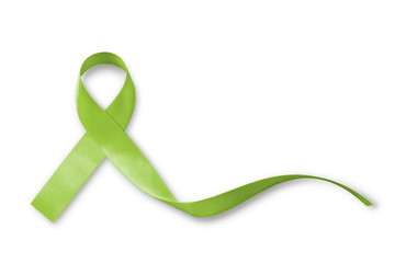 Lime Green ribbon for Lymphoma Cancer and mental health awareness for supporting and helping patient with illness (bow isolated with clipping path on white background)