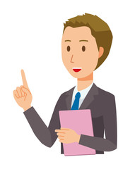 Young businessmen pointing with files