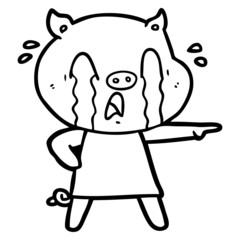 crying pig cartoon wearing human clothes