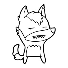 cartoon wolf waving showing teeth