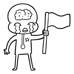 cartoon crying big brain alien waving a flag