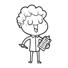 laughing cartoon man with clipboard and pen