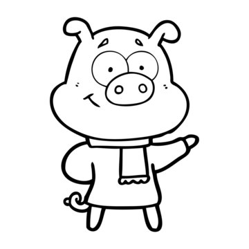 happy cartoon pig wearing warm clothes